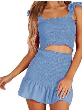 Smocked Tie-Shoulder Mini Skirt Set in Light Blue